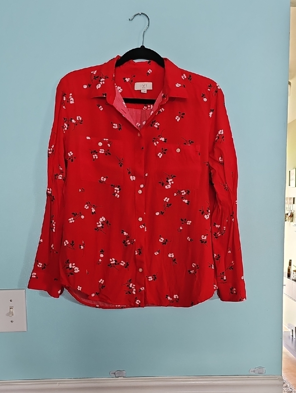LOFT Cherry Red Floral Button-Down Shirt